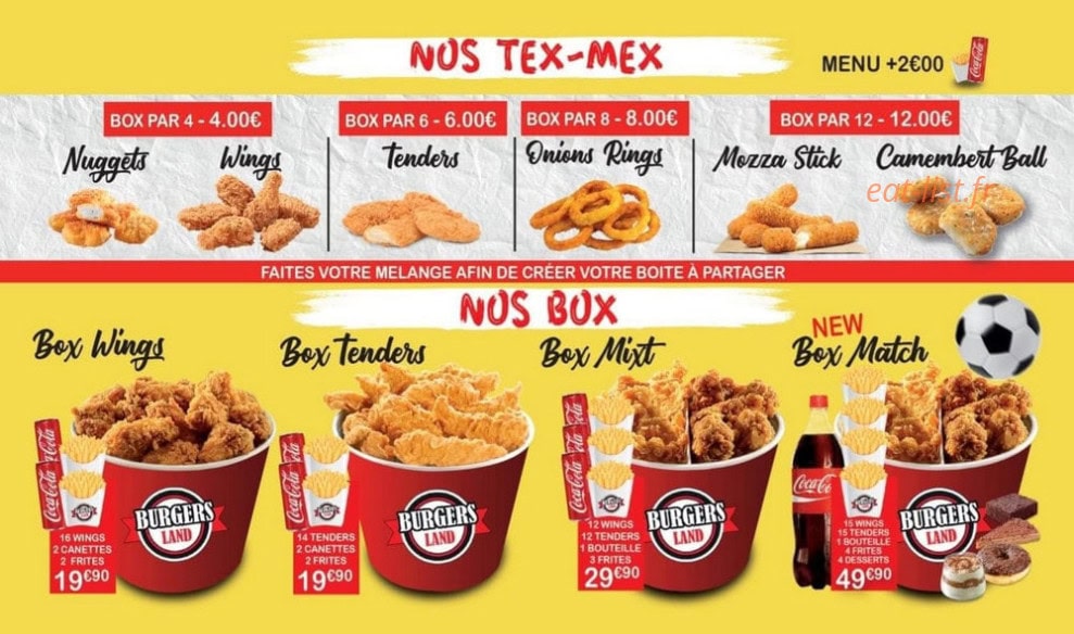 Carte et menu de Burgers Land à La Bonneville sur Iton — Les tex mex