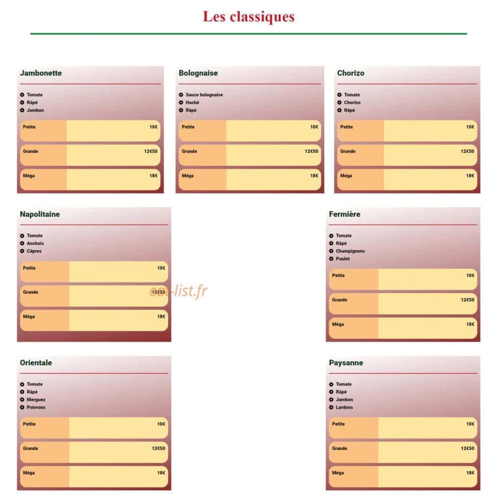 Les Pizzas d’Eric — carte page 1