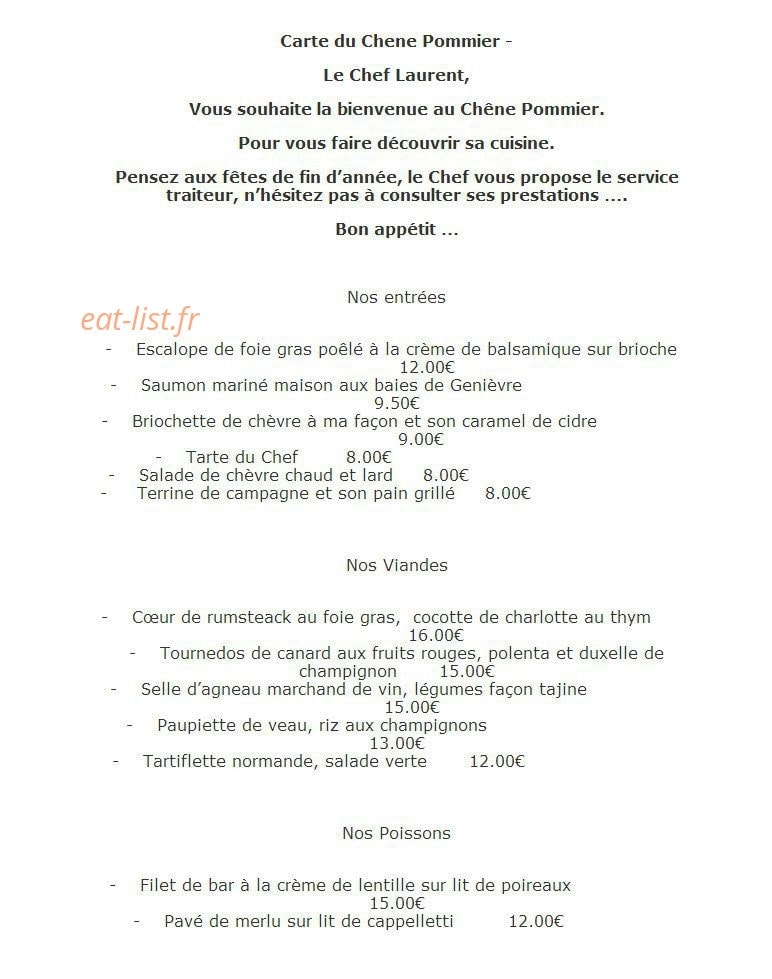 Restaurant  le Chêne pommier — carte page 1