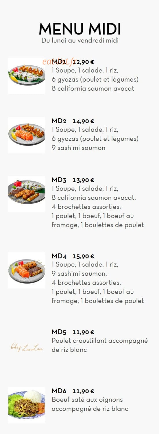 Carte et menu de Chez LauLau à Mesnils-sur-Iton — Les menu midi