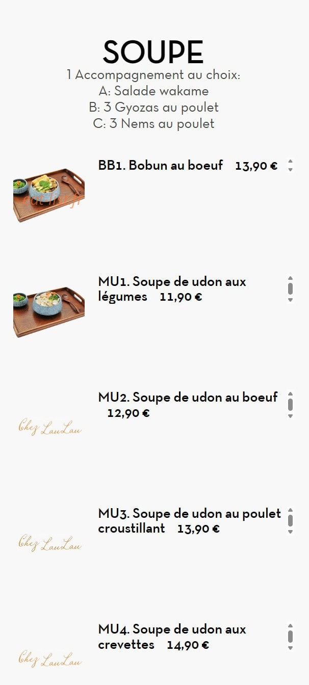 Carte et menu de Chez LauLau à Mesnils-sur-Iton — Les soupes