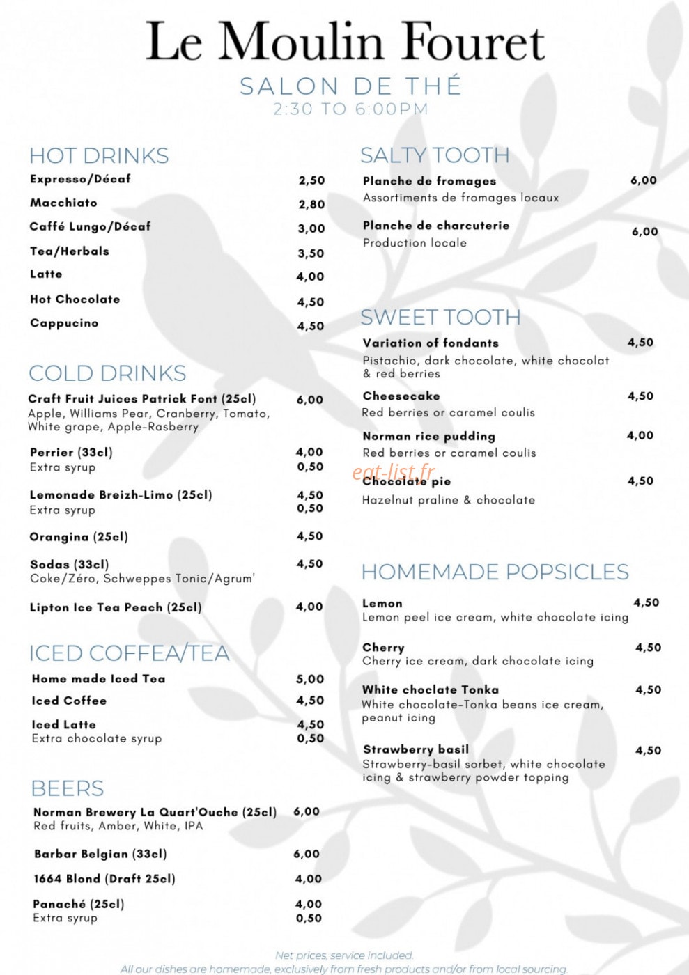 Carte et menu de Le Moulin Fouret à Treis-Sants-en-Ouche — La carte du salon de thé suite