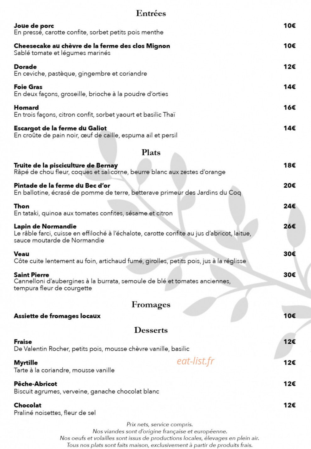 Carte et menu de Le Moulin Fouret à Treis-Sants-en-Ouche — Les plats à la carte