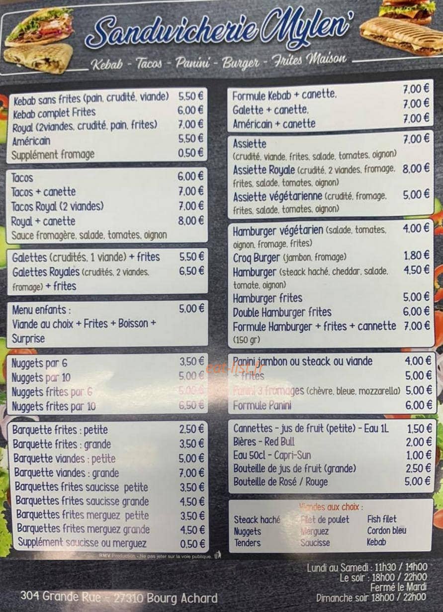 Sandwicherie Mylen' — carte page 1