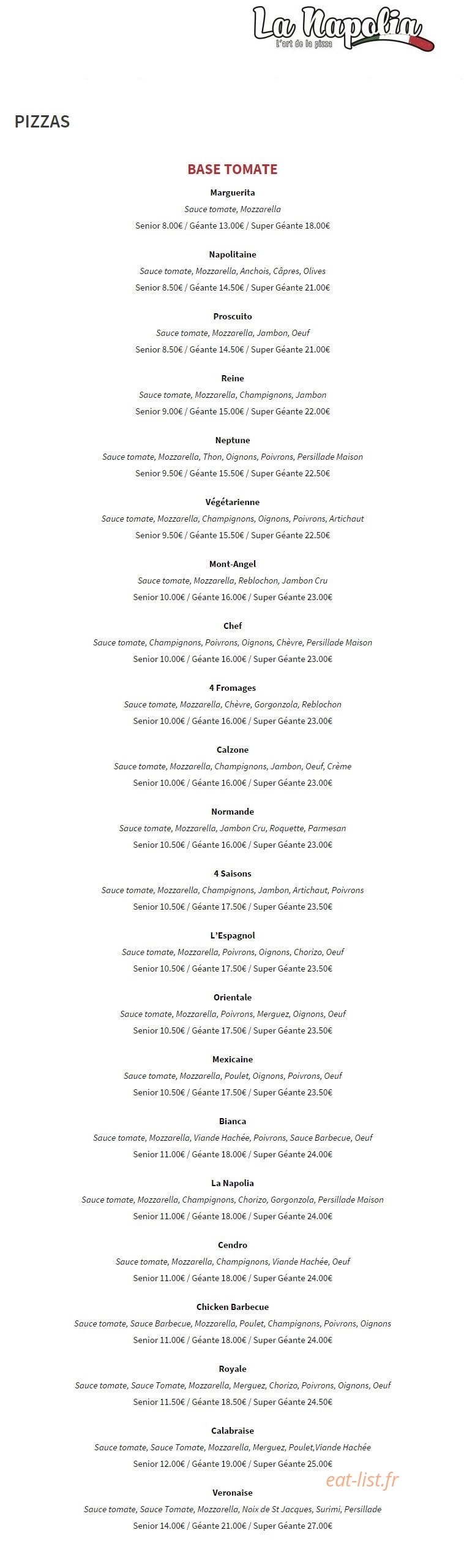 La Napolia pizzeria — carte page 1