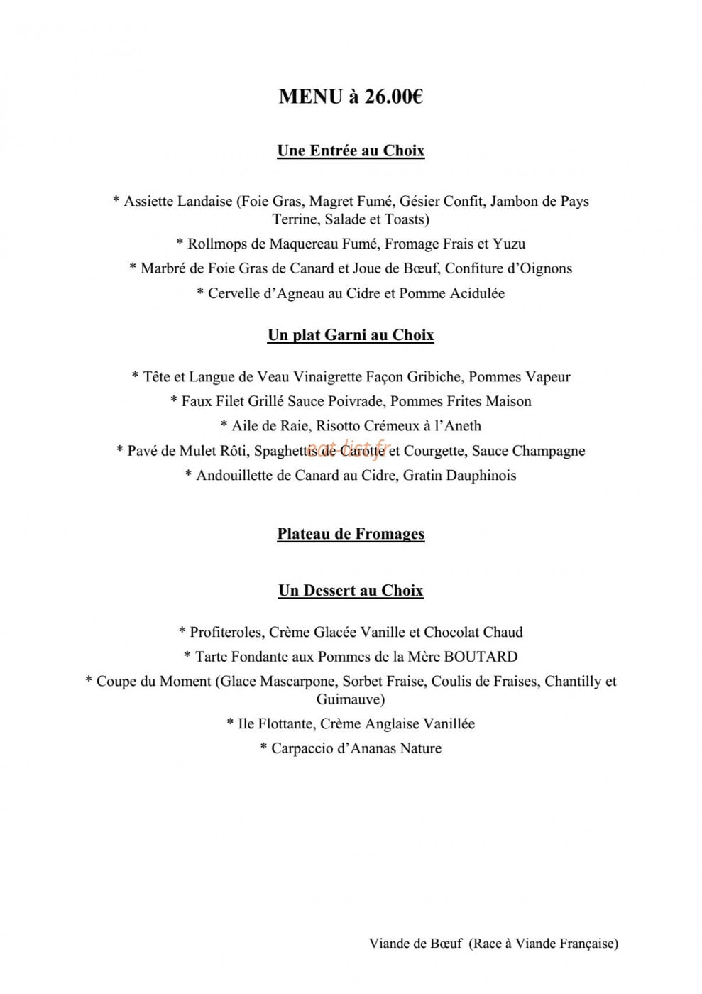 Carte et menu de Auberge de la Mère Boutard à Tourville la Campagne — Menu à 26€