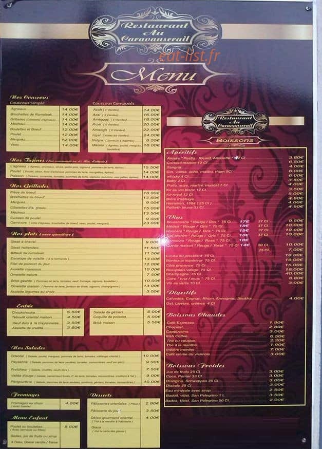 Carte et menu de Au Caravanserail à Fleury sur Andelle — Les menus et boissons