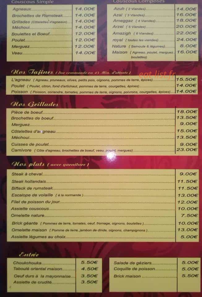 Carte et menu de Au Caravanserail à Fleury sur Andelle — les couscous et tajines,,,,