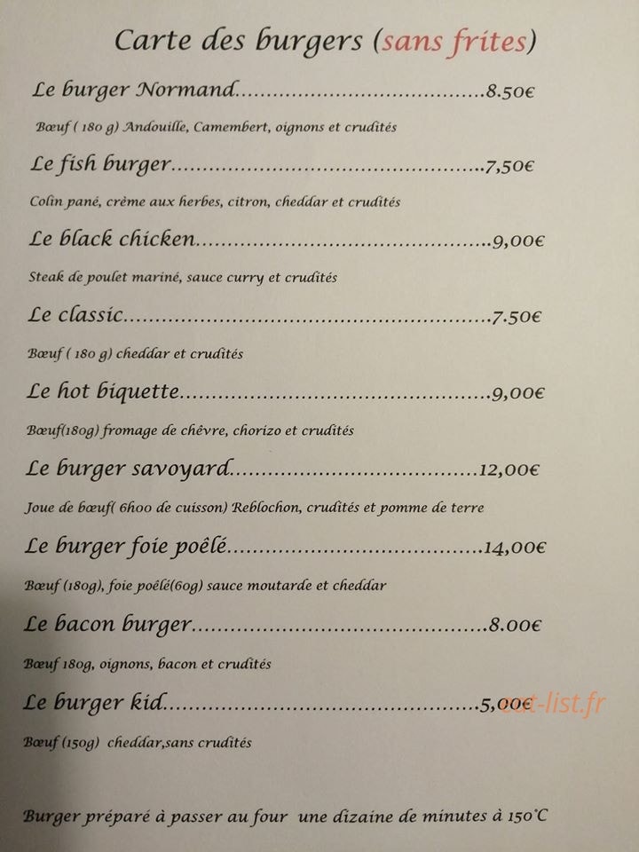 Carte et menu de Auberge de la Truite à Montreuil l'Argille — les burgers
