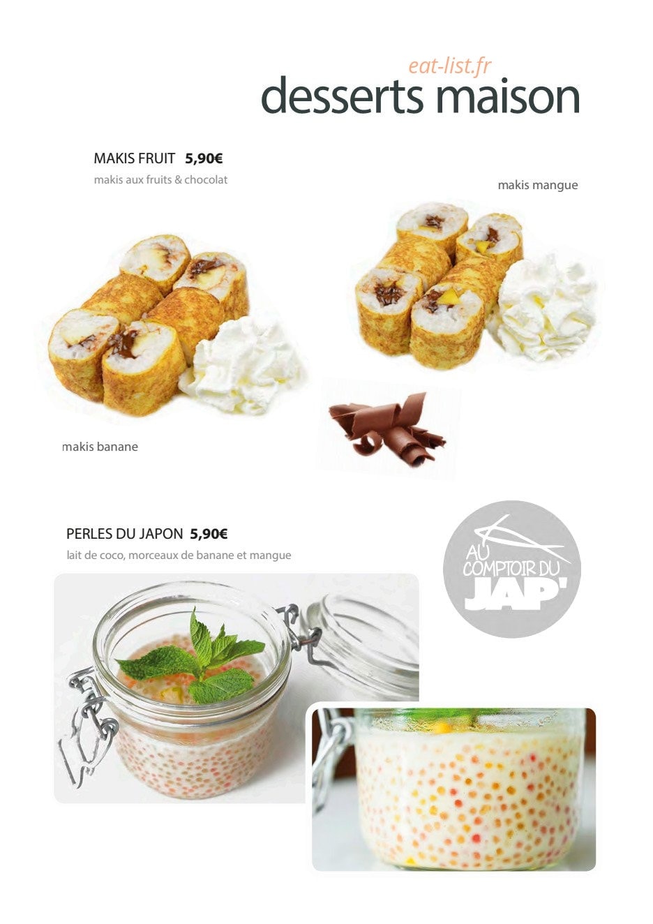 Carte et menu de Au comptoir du japonais à Louviers — Les desserts