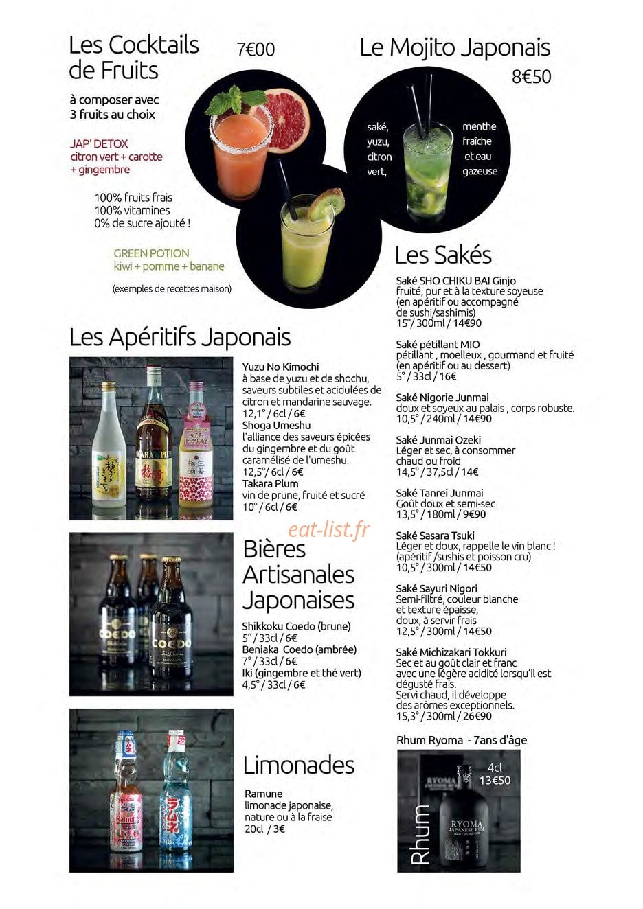 Carte et menu de Au comptoir du japonais à Louviers — Les apéritifs, cocktails, bières...