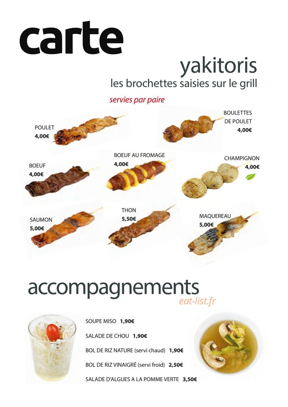 Carte et menu de Au comptoir du japonais à Louviers — Les yakitoris et accompagnements