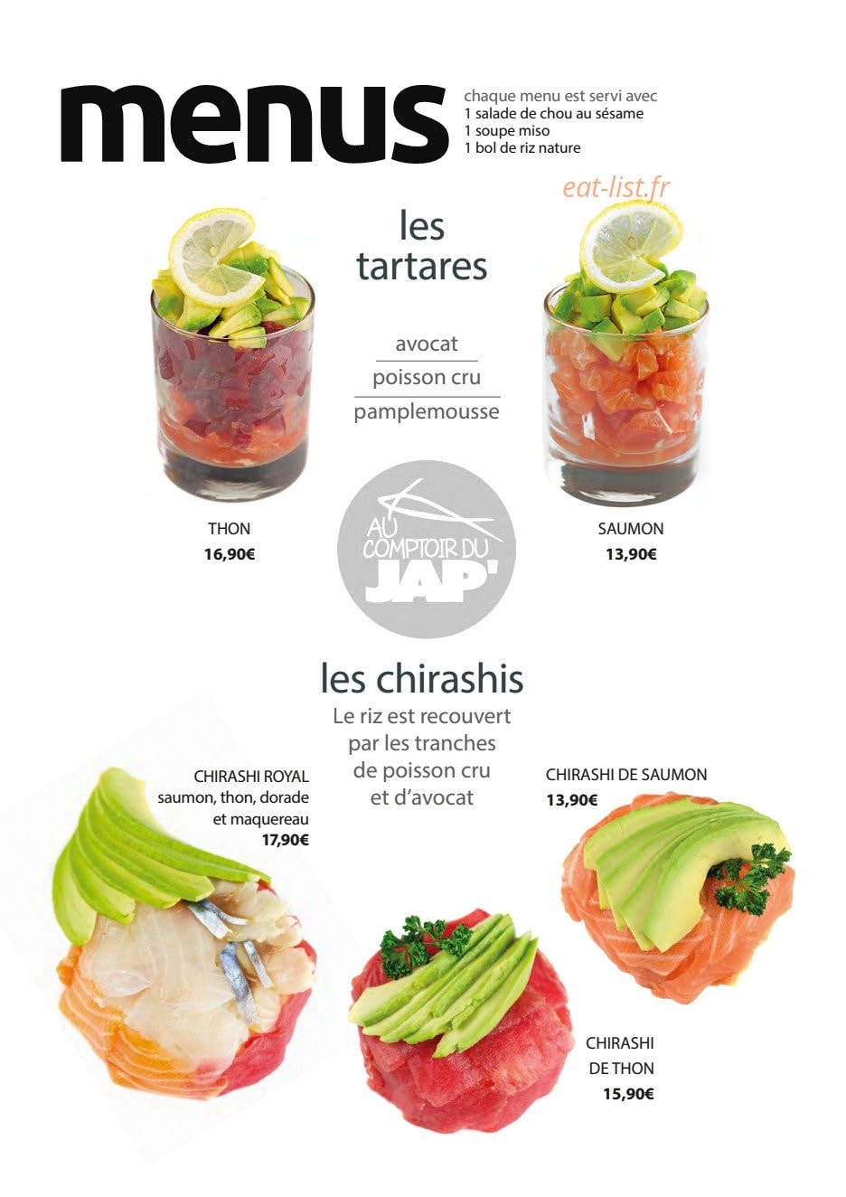 Carte et menu de Au comptoir du japonais à Louviers — Les menus tartares et chirashis