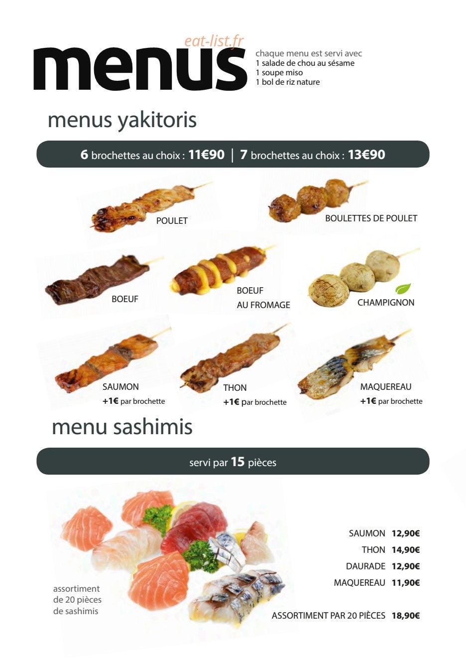 Carte et menu de Au comptoir du japonais à Louviers — Les menus yakitoris et menus sashimis