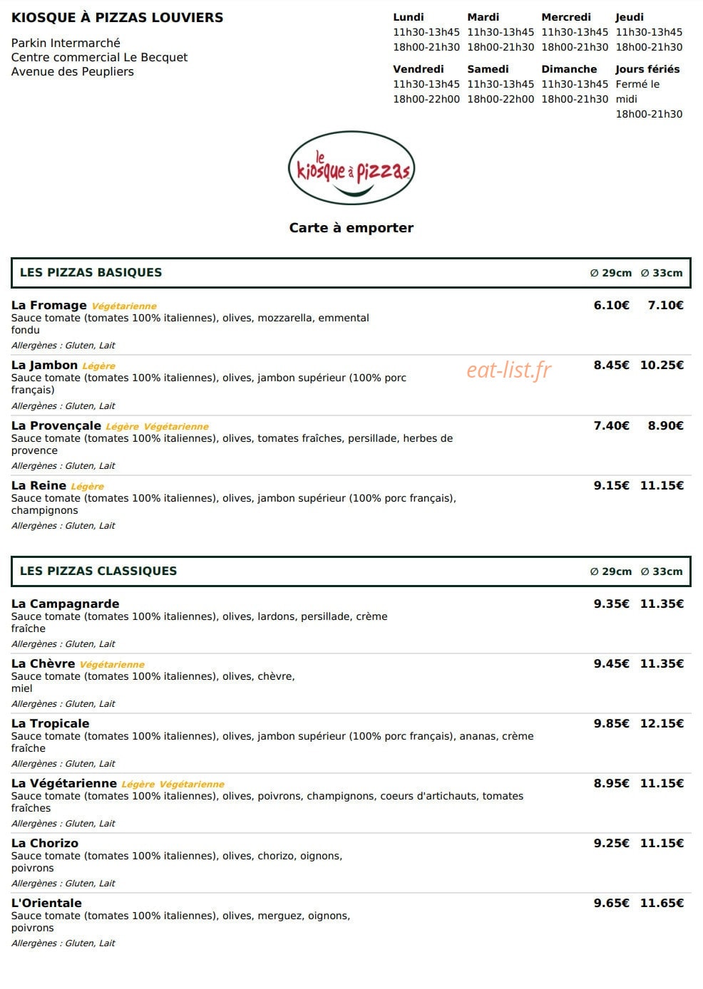 Le Kiosque à Pizzas — carte page 1