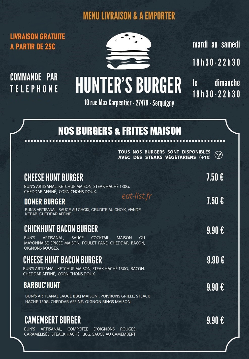 Hunter's Burger — carte page 1