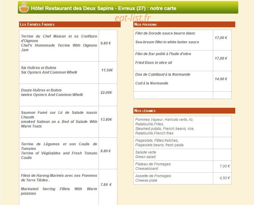Hôtel Restaurant des Deux Sapins — carte page 2