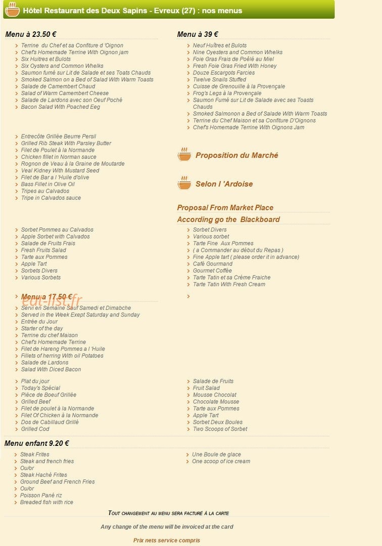 Hôtel Restaurant des Deux Sapins — carte page 1