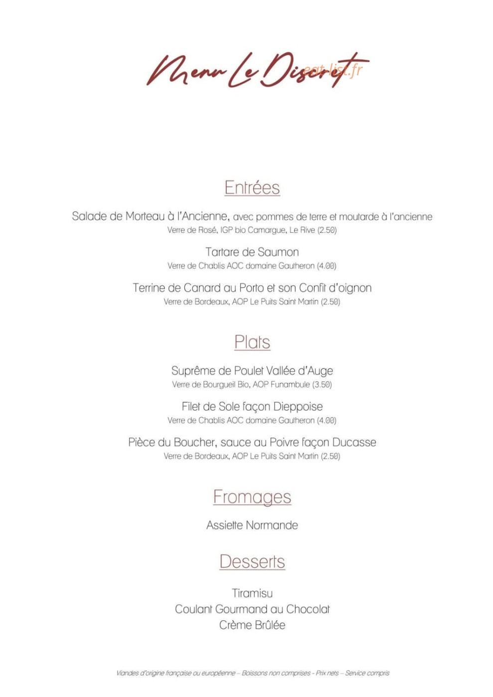 Carte et menu de Le Discret à Pont Audemer — menu 3