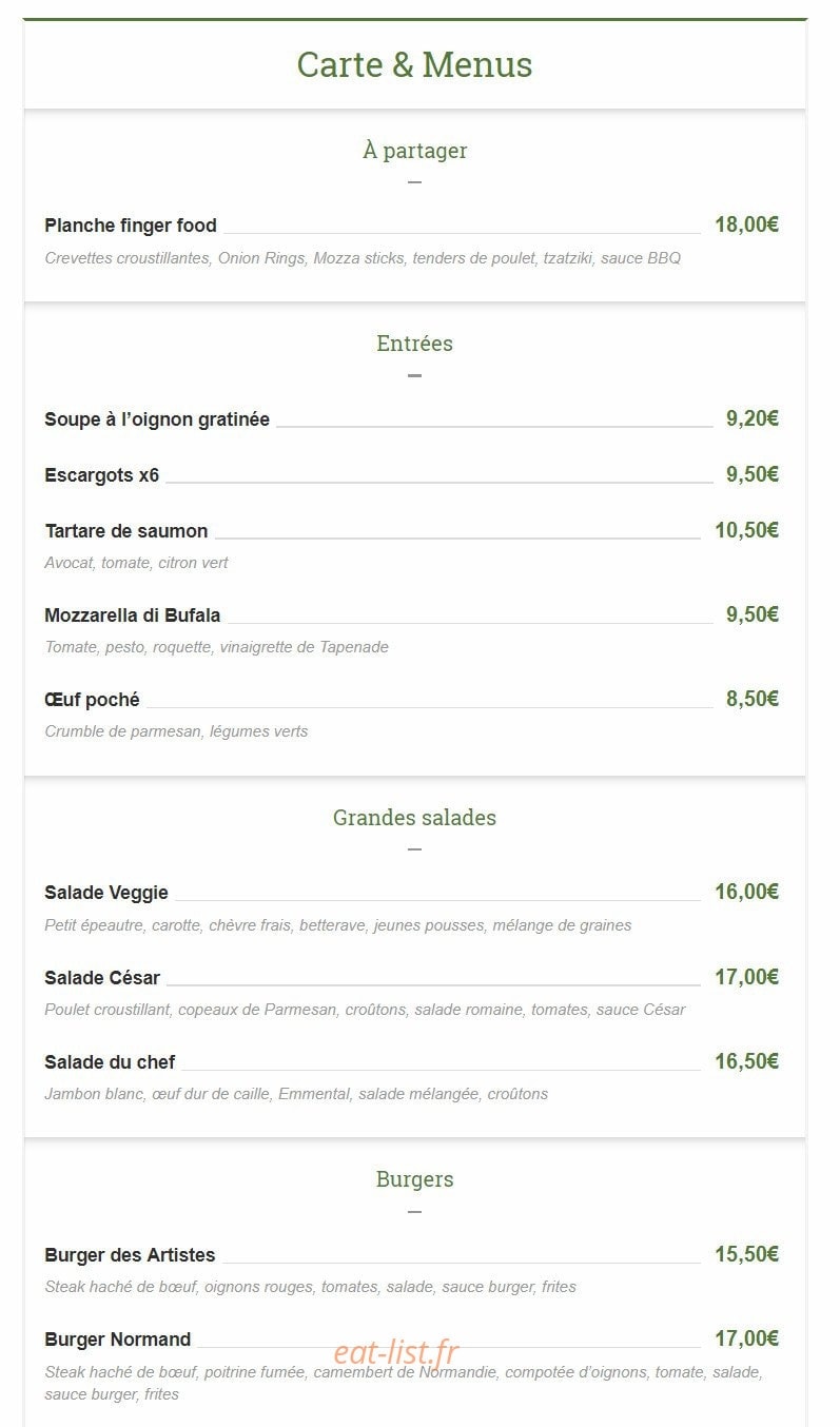 Brasserie des Artistes — carte page 1