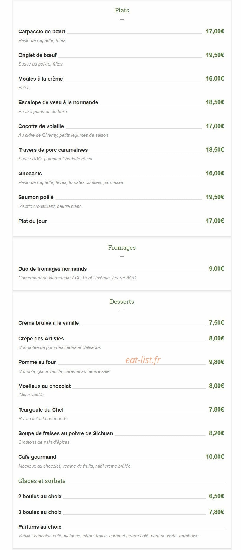 Brasserie des Artistes — carte page 2