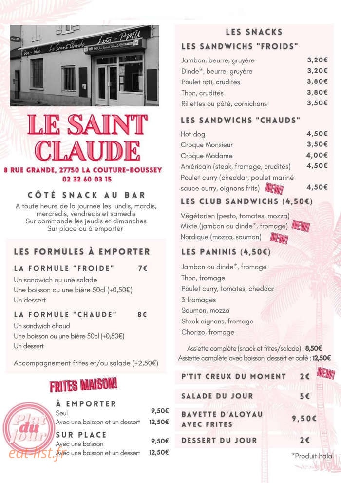 Carte et menu de Le saint claude à La Couture Boussey — Les paninis, sandwichs et formules,...
