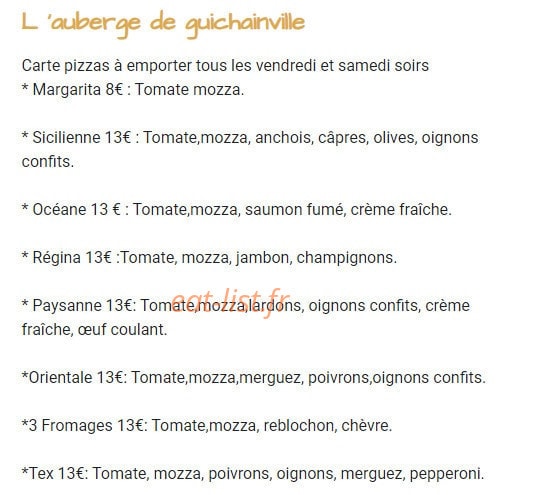 Carte et menu de L 'auberge de guichainville à Guichainville — Pizzas