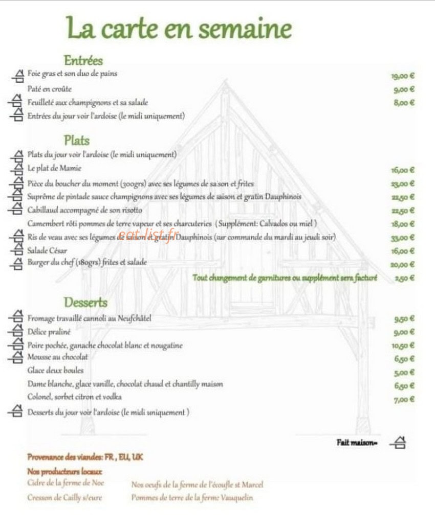 Carte et menu de La Charretterie à Clef Vallée d'Eure  — La carte de la semaine