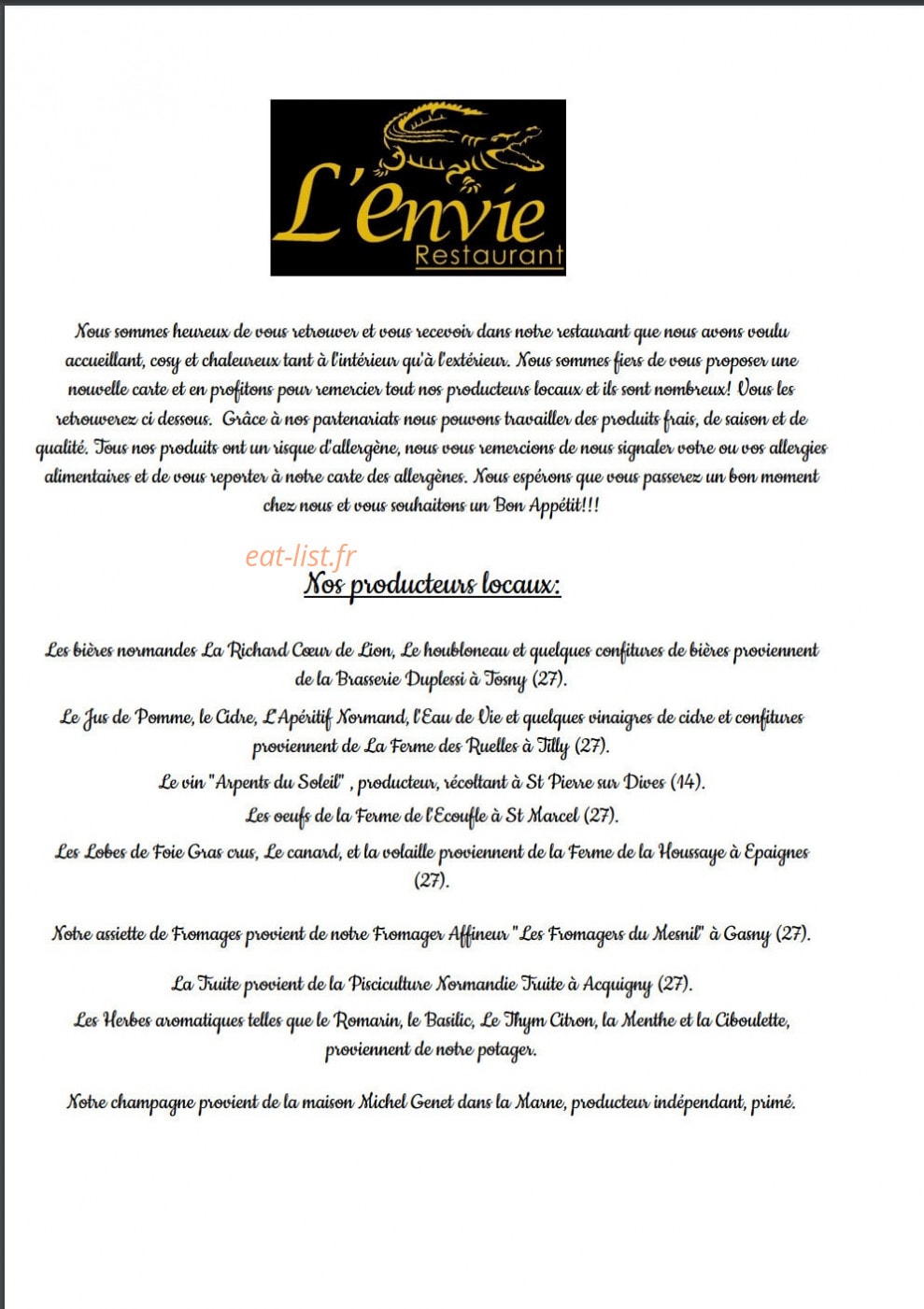 Restaurant l'envie — carte page 1