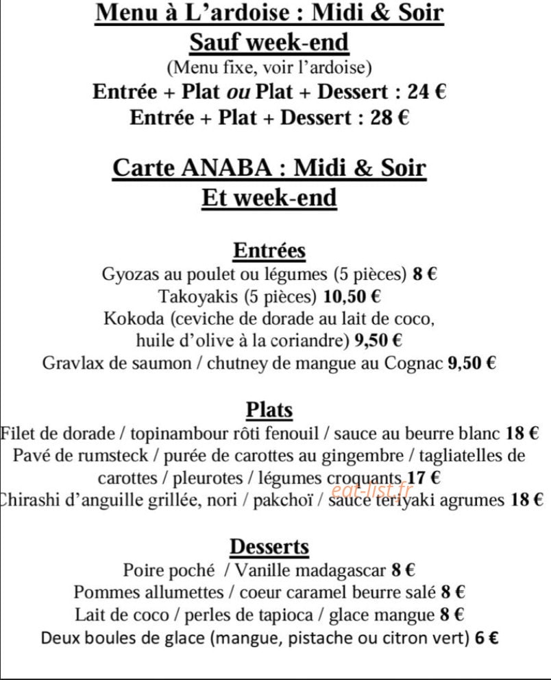 Anaba Resto — carte page 1