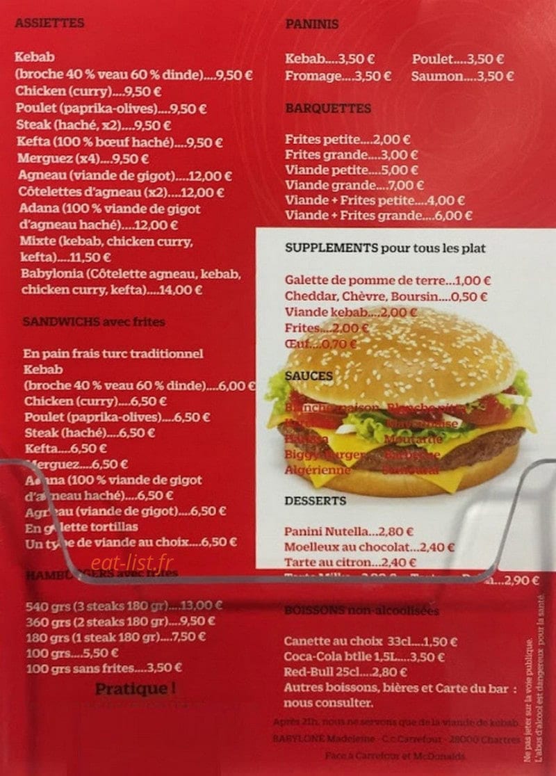 Babylone Madeleine Kebab — carte page 1
