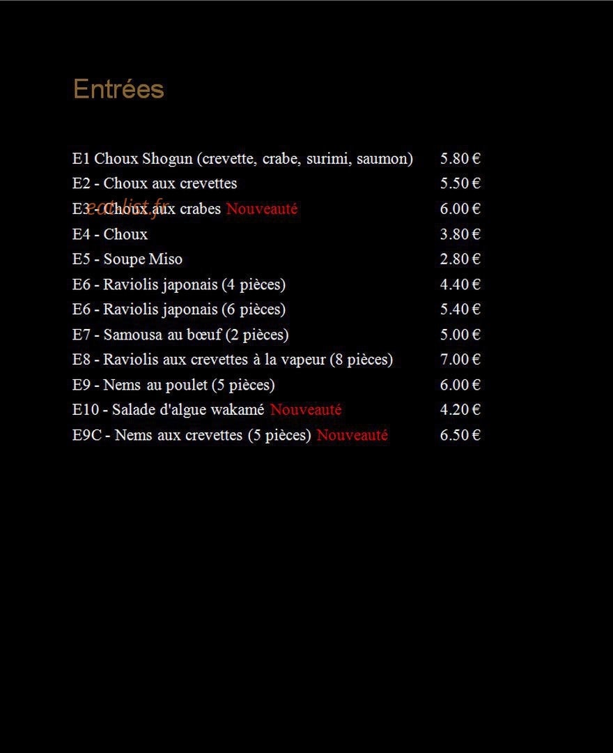 Shogun sushi — carte page 1