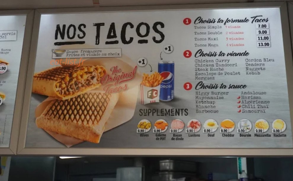 Carte et menu de Food Corner à Luce — Tacos