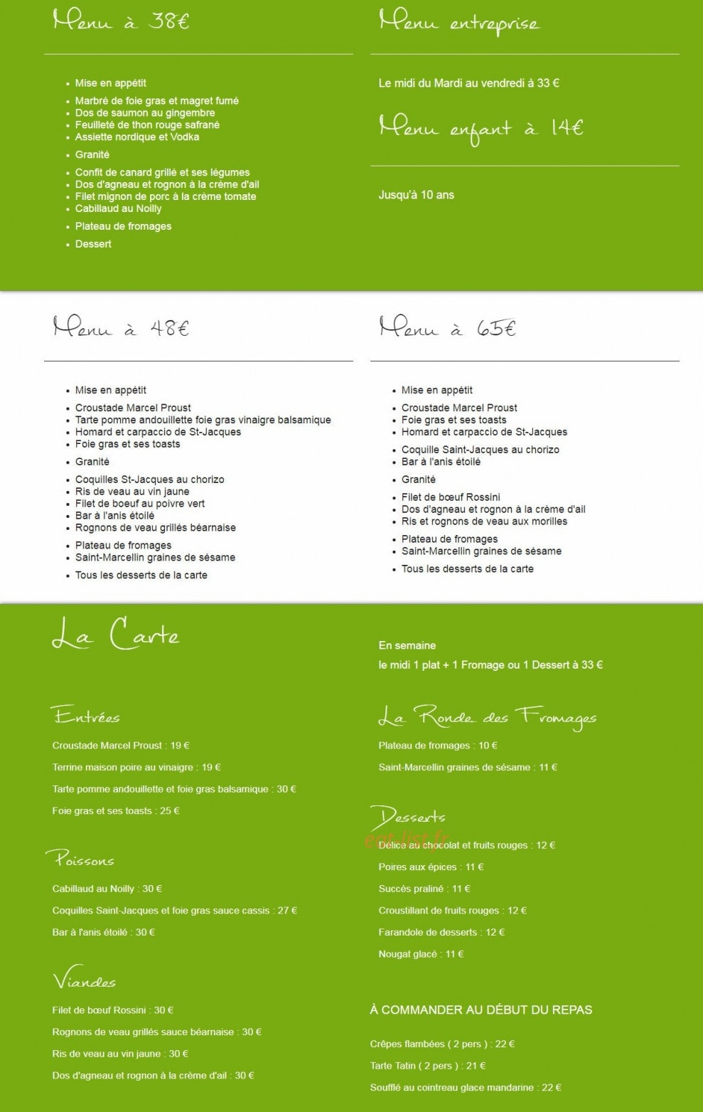 Carte et menu de Auberge de Sandarville à Sandarville — Menus, entrées, poissons,.....
