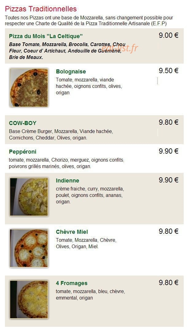 Carte et menu de A la bonne pizza à Cloyes-les-Trois-Rivières — La pizza: traditionnelles, la bolognaise, cow-boys,...