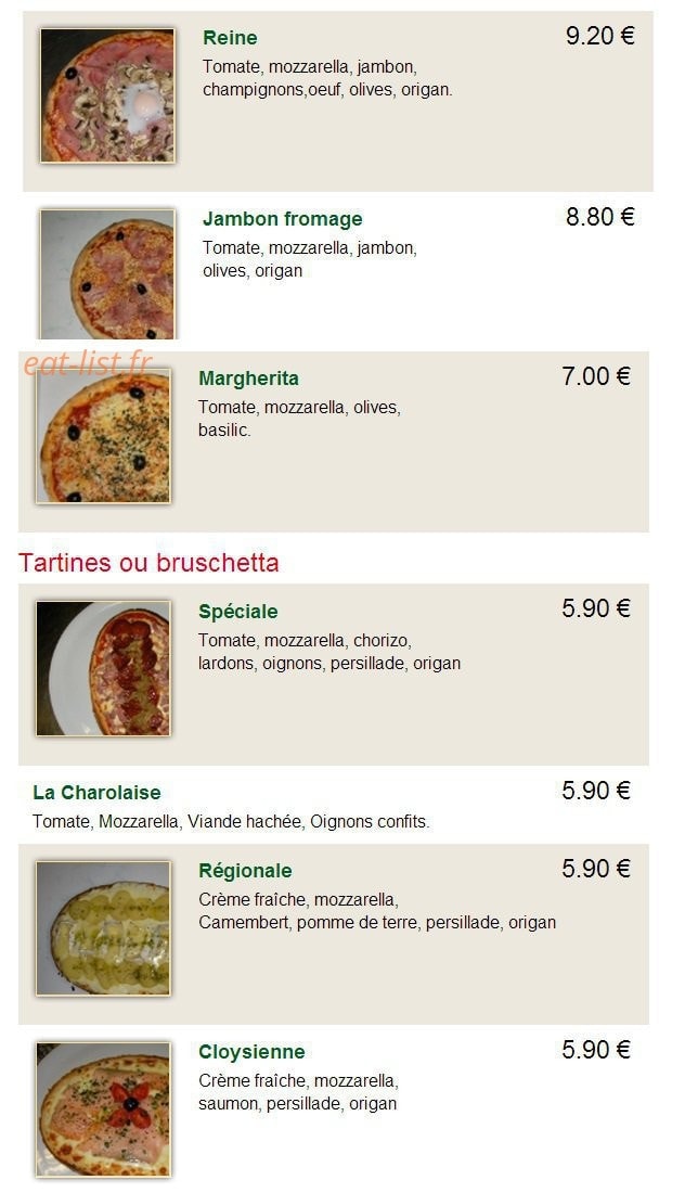 Carte et menu de A la bonne pizza à Cloyes-les-Trois-Rivières — Les pizzas: reine, jambon fromage,...