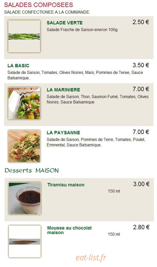 Carte et menu de A la bonne pizza à Cloyes-les-Trois-Rivières — Les salades et desserts