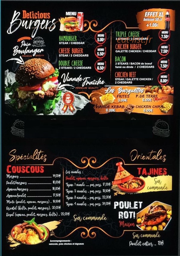 Carte et menu de Sandwicherie de la place à Cloyes-les-Trois-Rivières — Les burgers, couscous, ...