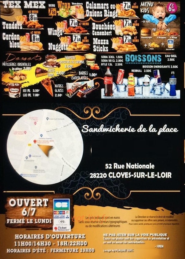 Carte et menu de Sandwicherie de la place à Cloyes-les-Trois-Rivières — Les tex-mex, tenders, …