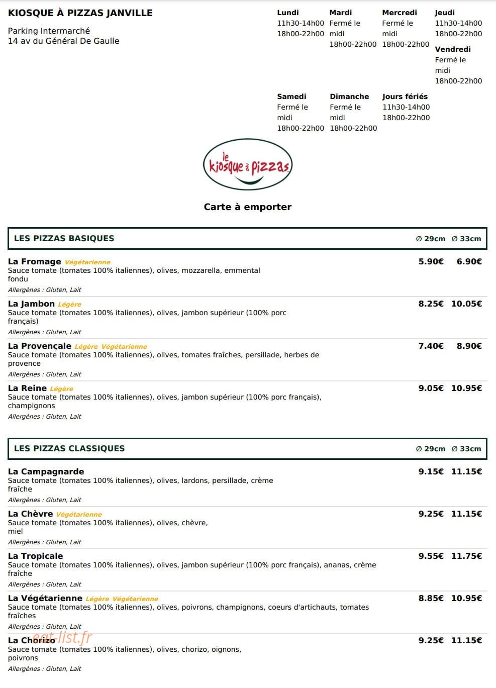 Le Kiosque à Pizzas — carte page 1