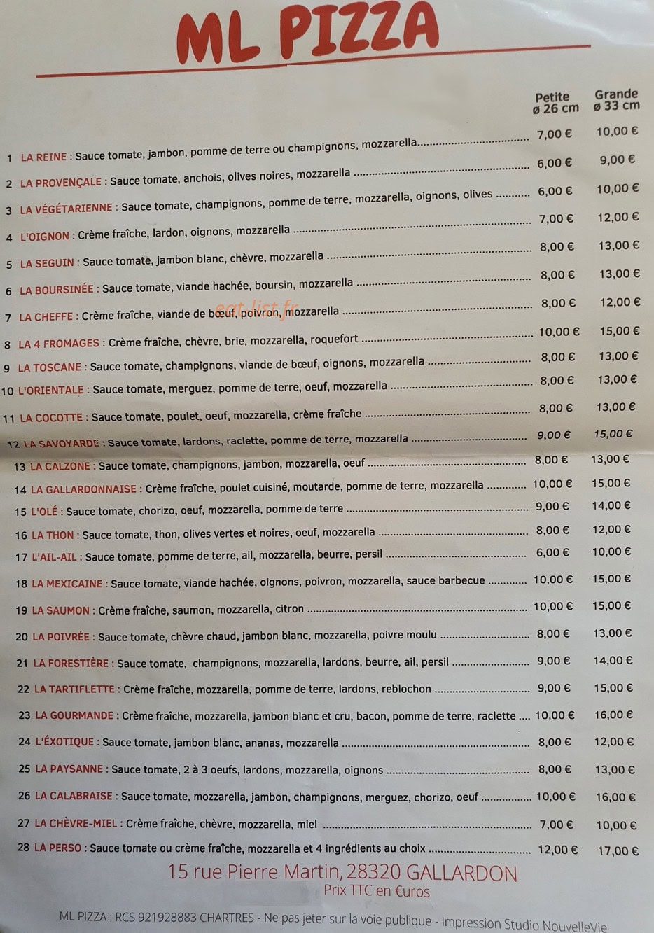 ML Pizza — carte page 1