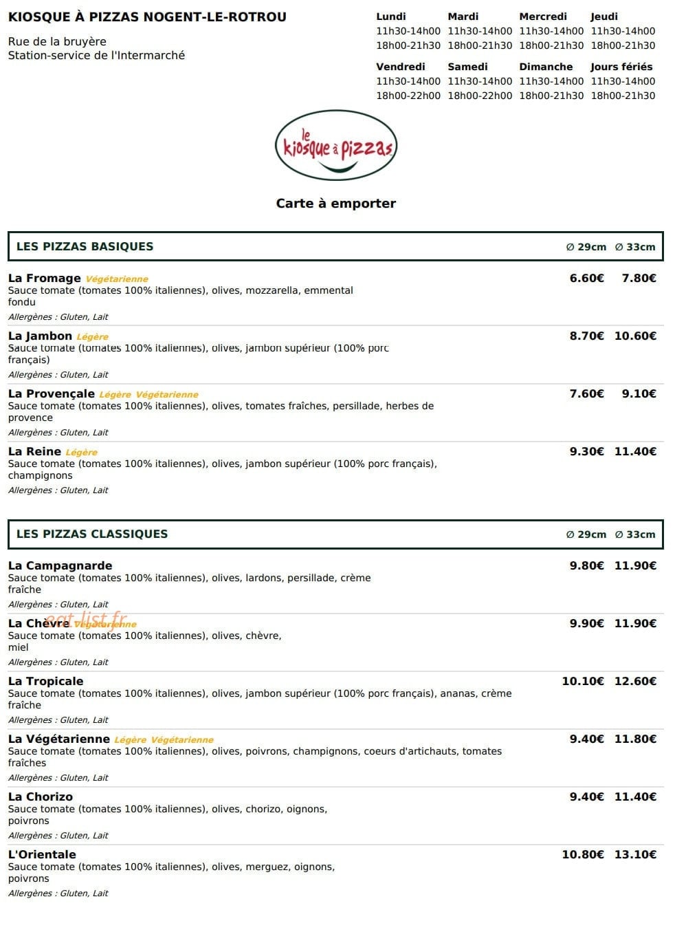 Le Kiosque à Pizzas — carte page 1