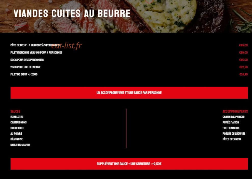 Carte et menu de Butcher Steak House à Vernouillet — Les viandes