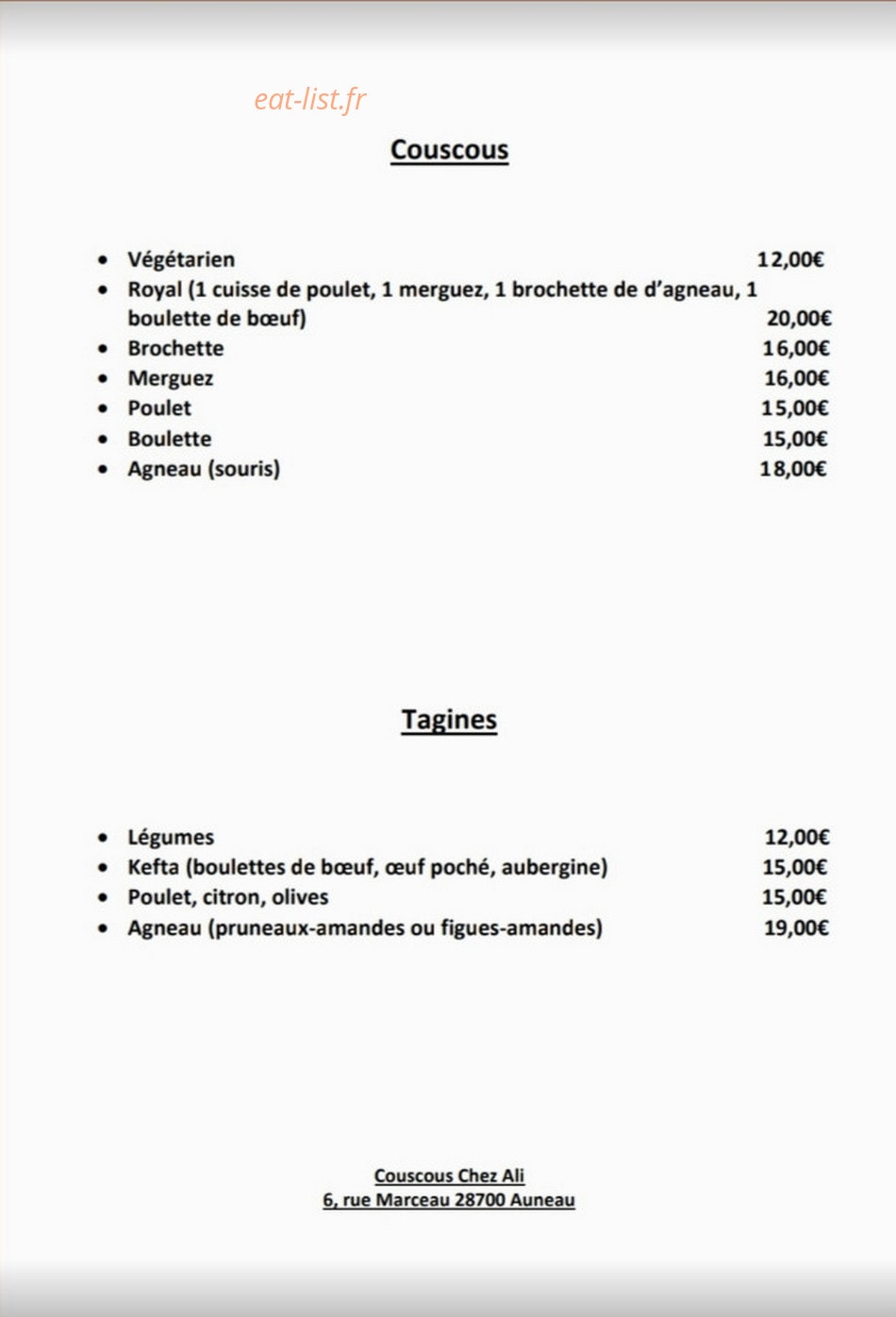 Carte et menu de Couscous chez Ali à Auneau-Bleury-Saint-Symphorien — Les couscous et tagines