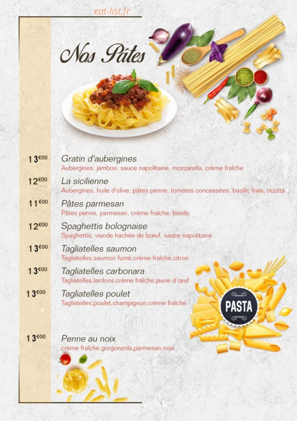 Carte et menu de Le P'tit Gourmet à Auneau-Bleury-Saint-Symphorien — Les pates