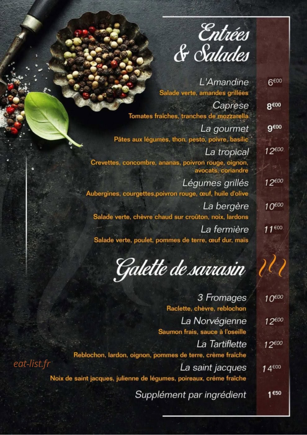 Carte et menu de Le P'tit Gourmet à Auneau-Bleury-Saint-Symphorien — Les entrées, salades et galettes
