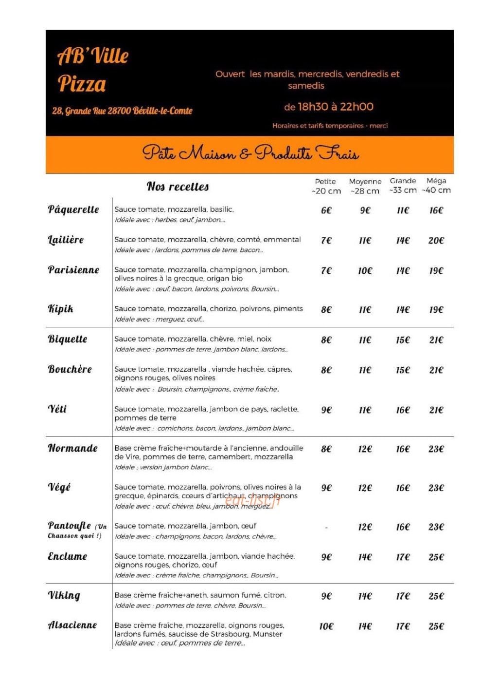 AB'Ville Pizza — carte page 1