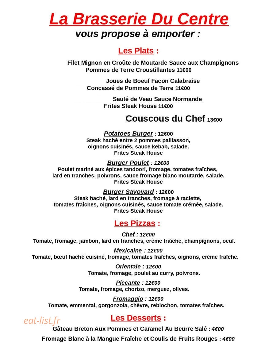 Brasserie du Centre — carte page 1