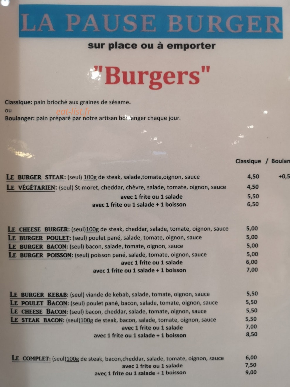 La Pause Burger — carte page 1