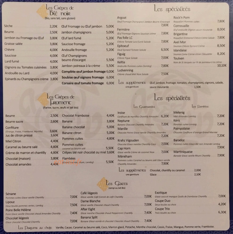 Crêperie de Toulven — carte page 1